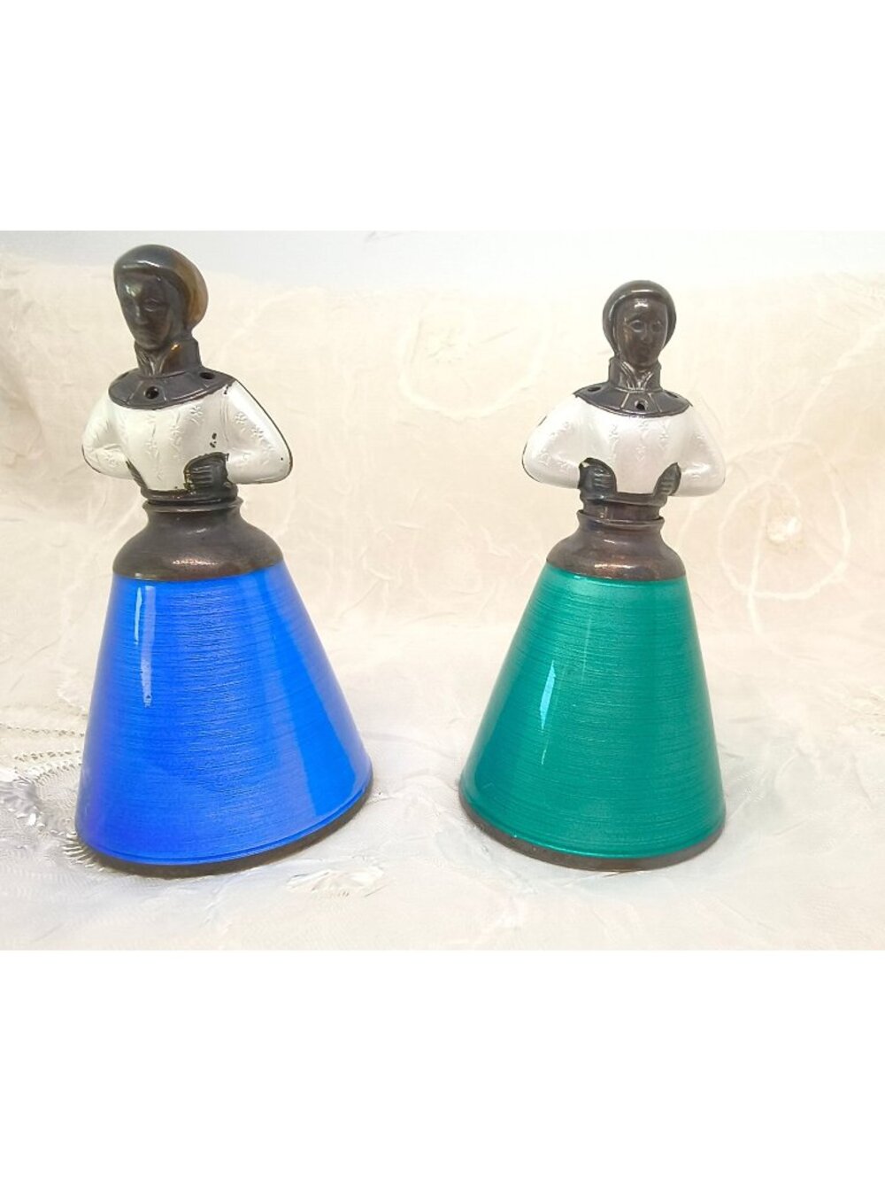 J. Tostrup (Norway) gilt enameled sterling silver salt & pepper shakers Blue Gr